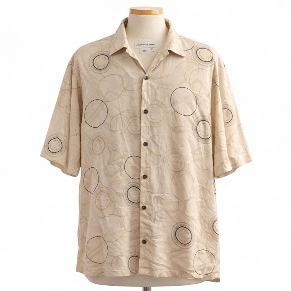 Pronto Uomo‎ Mens XXL Silk Button Down Shirt Beige Geometric Circle Short Sleeve